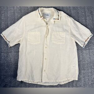 Mens Corridor Spring Bouquet Embroidered Linen Cream Colored Button Shirt Medium
